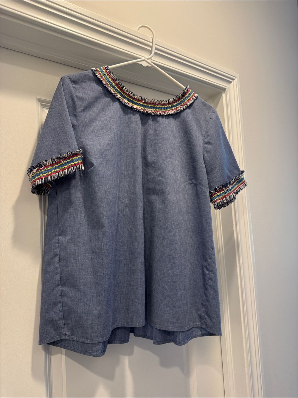 Chambray Fringe Trim Top - Blue